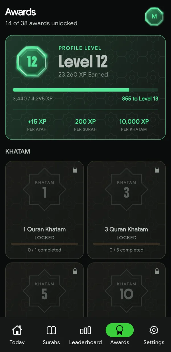 The Awards screen at Level 12 with khatam and streak medallions