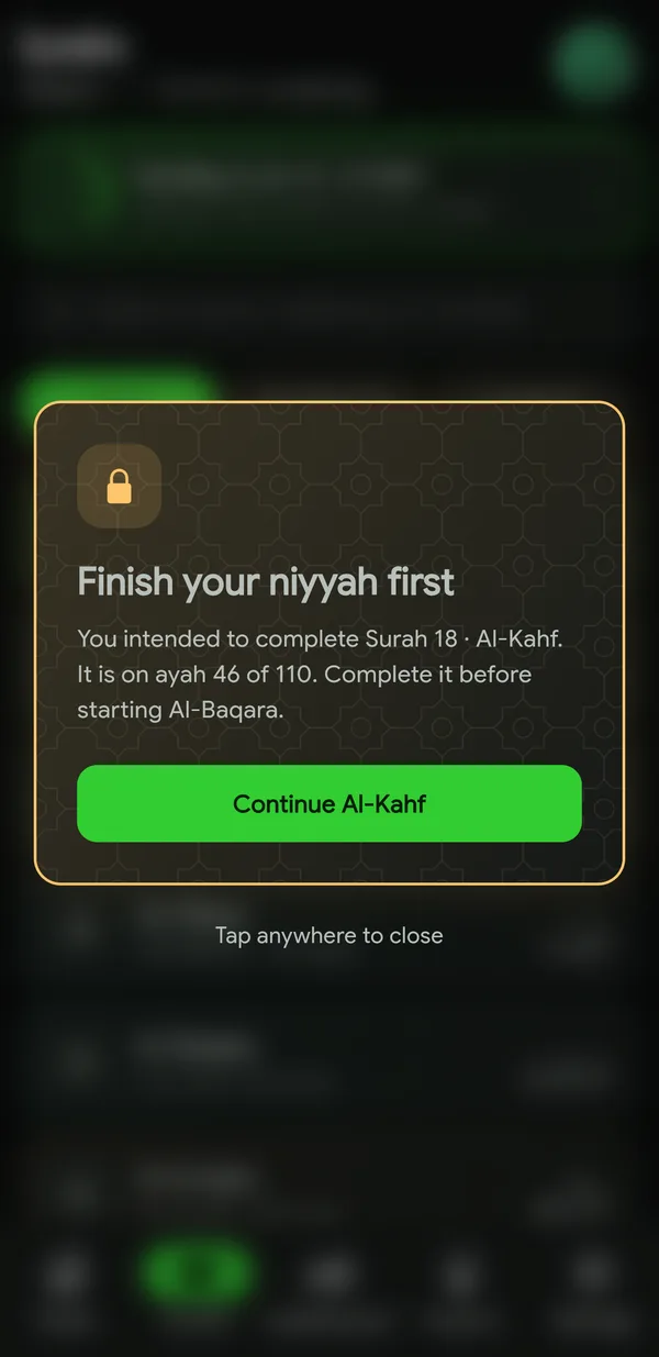 A dialog saying to finish your niyyah first, on ayah 46 of 110