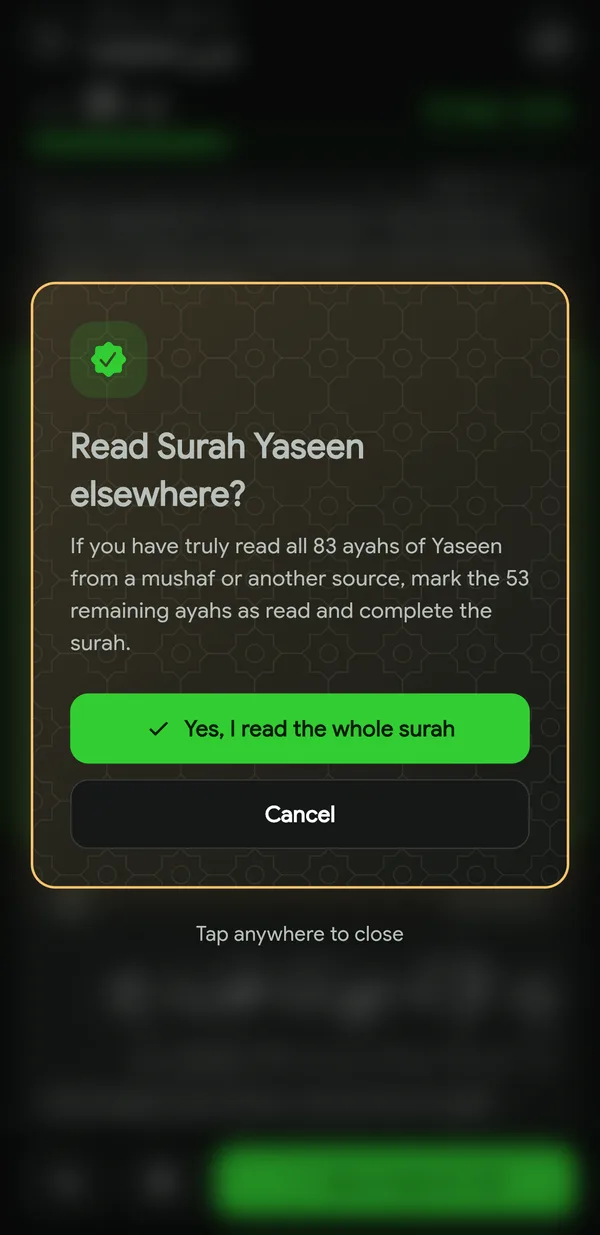 A dialog asking whether you read Surah Yaseen elsewhere