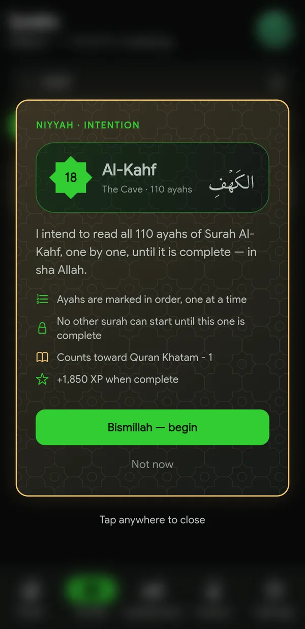 The niyyah card for Surah Al-Kahf with a Bismillah button to begin