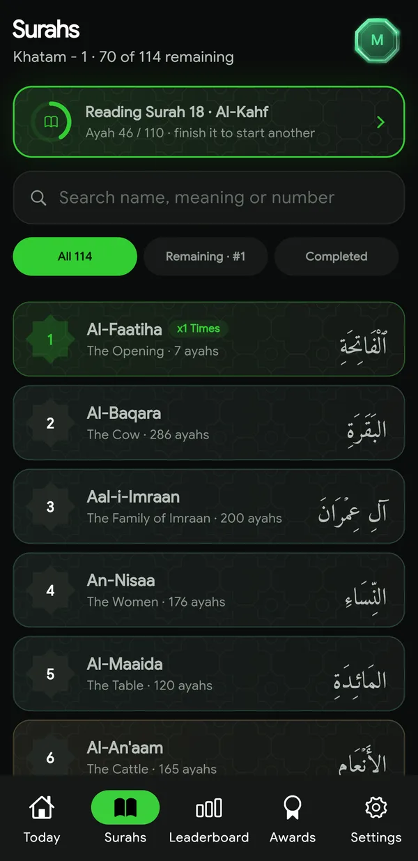 The Surahs list with search and Al-Kahf under niyyah